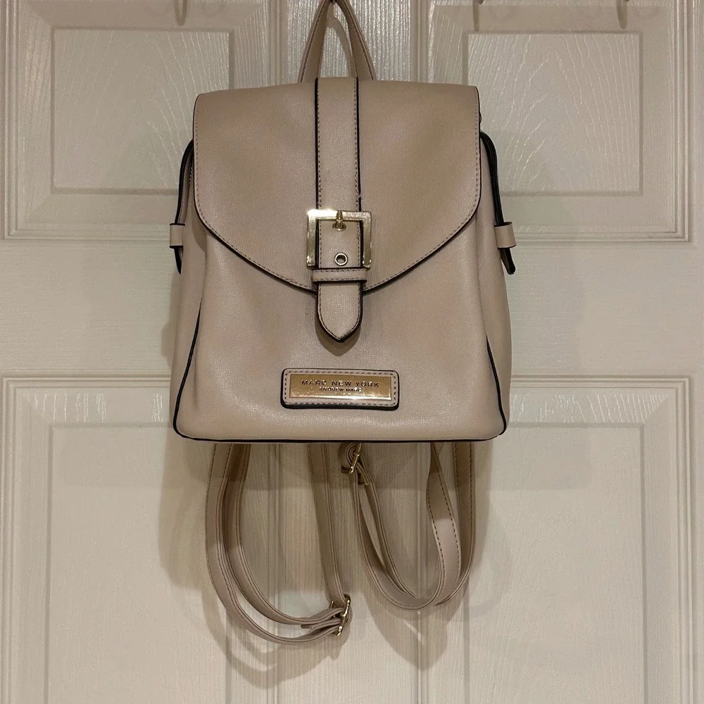 Marc New York Andrew Marc Beige Faux Leather Mini Backpack Gold Buckle Trim